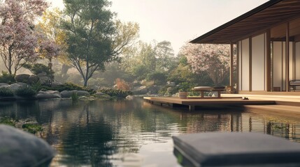 Fototapeta premium Serene Japanese Garden Featuring Modern Architecture and Tranquil Pond