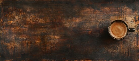 Coffee cup on rustic wooden table background with copy space