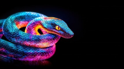 Fototapeta premium Vibrant snake coiled against a black background, showcasing bright colors and intricate patterns.