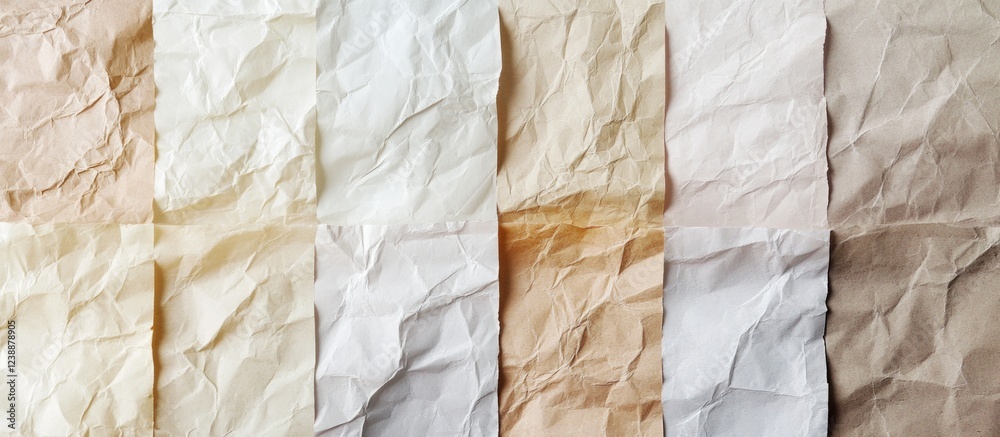 Poster textured crumpled paper background in various pastel shades arranged in a grid pattern with copy spa