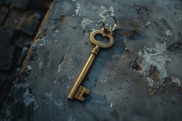 Old worn golden key with a circular bow is resting on a textured metal surface