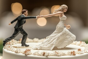 Groom figurine is running after bride figurine on wedding cake, representing a playful escape