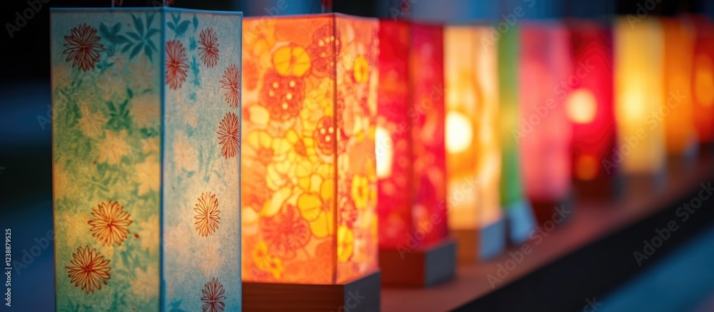 Poster colorful illuminated paper lanterns displayed in a row against a soft background with warm ambient l