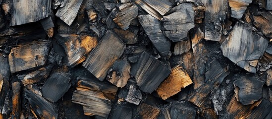 Charcoal texture background with piled blackened wood pieces.