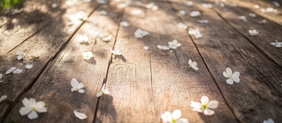 Rustic wooden deck with scattered white cherry blossoms in sunlight.