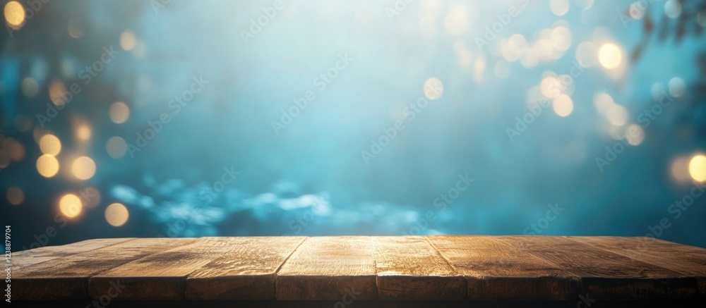 Poster wooden table surface with blurred blue bokeh lights in background and copy space.