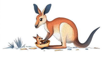 Cartoon illustration of kangaroo caring for its joey in a vibrant and playful desert setting