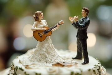 Wedding cake topper figurines showing bride playing guitar and groom clapping, celebrating their love with music and joy