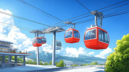 vibrant illustration of modern gondola lift system with red cabins against clear blue sky. scene captures beauty of nature and excitement of mountain travel