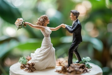 Figurines of a bride and groom dancing on top of a wedding cake, symbolizing love, commitment, and the joyous celebration of marriage
