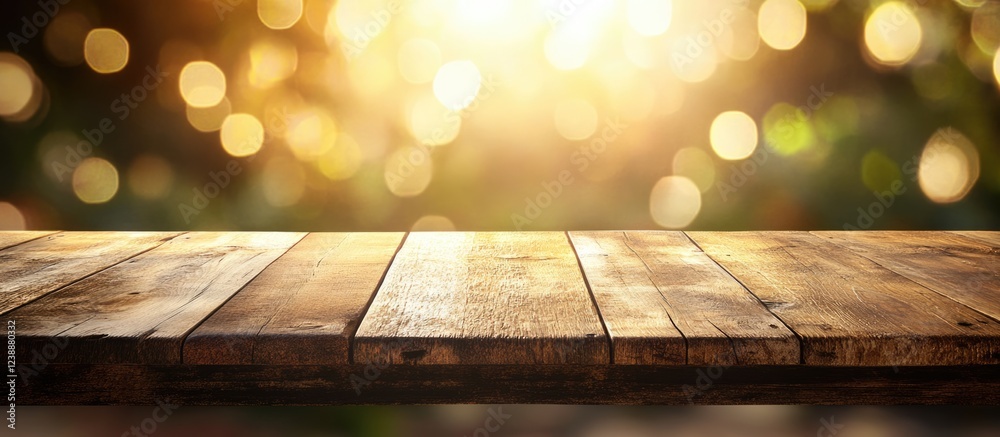 Poster wooden table surface with sunlit bokeh background and copy space.