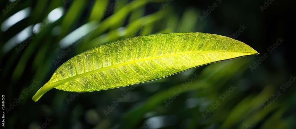 Wall mural Close-up of a single green leaf with blurred dark green background and partial light exposure