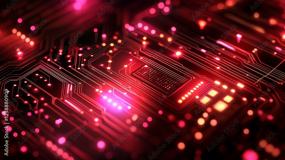Poster red glowing circuit board, technology background, data processing