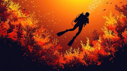 Naklejka premium Diver Silhouette Amidst Vibrant Coral Reef