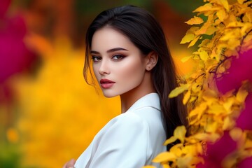 Naklejka premium woman in park with blurred colorful leaves