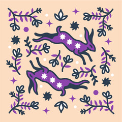 Rabbit hand drawn flat floral illustration modern colored flower leaves vector tropical elements simple abstract style