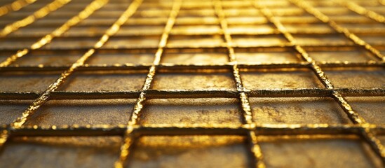 Close-up of golden metal grid pattern on reflective surface with blurred background