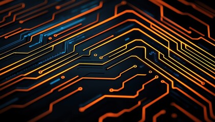Close up of intricate circuit board design with vibrant orange and blue lines.