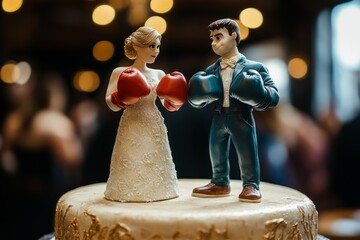 Funny wedding cake toppers depicting bride and groom boxing, symbolizing marital conflict