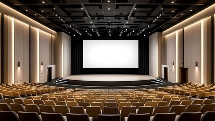 Naklejka premium Modern empty hall with curved blank display screen and minimalist seating arrangement, featuring a dark industrial ceiling design. 3D Rendering