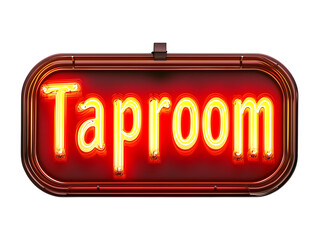 Classic red neon sign with the word "Taproom" illuminating in a bright yellow glow, evoking a vintage feel of a cozy bar or pub, isolated on transparent background, PNG, cut out