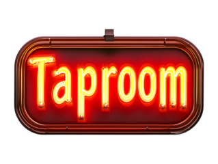 Classic red neon sign with the word "Taproom" illuminating in a bright yellow glow, evoking a vintage feel of a cozy bar or pub, isolated on transparent background, PNG, cut out