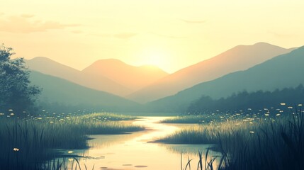 Obraz premium Serene Sunset Landscape: River and Mountains