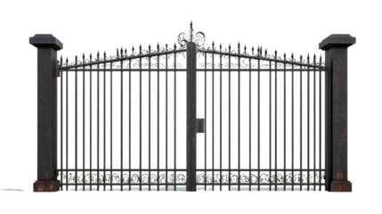 A large black metal gate with ornate detailing and decorative pillars stands as a grand entrance.