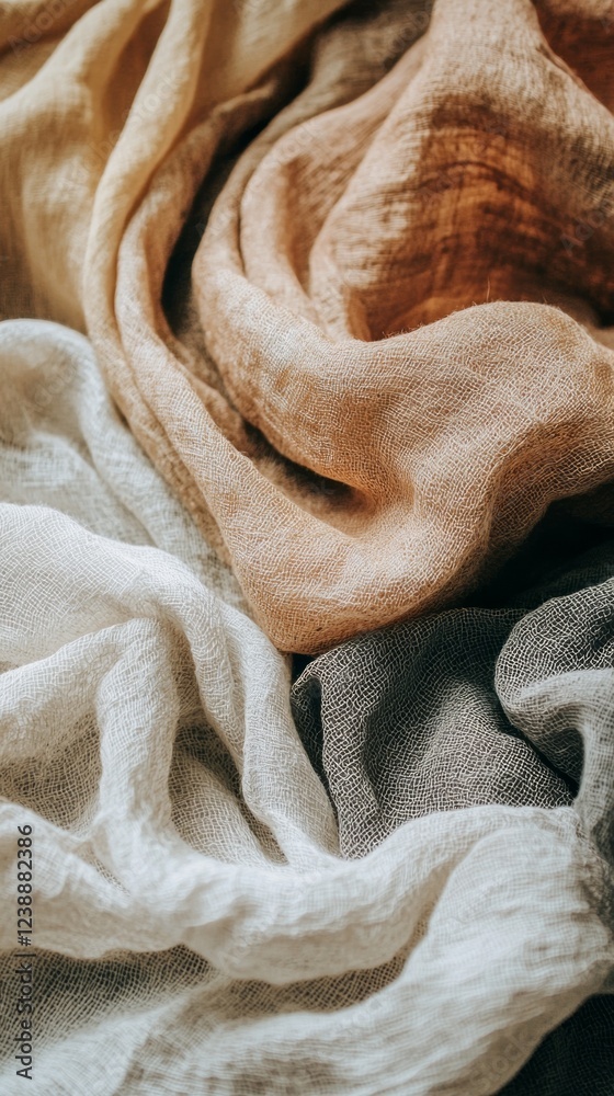Poster soft hues of cream, brown, and gray drape and swirl, inviting touch and interaction while highlighti