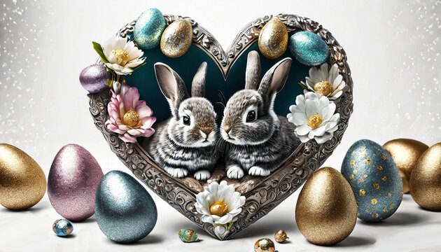 Generated image. Two rabbits sit inside a heart-shaped frame with flowers and metallic Easter eggs. Surrounding the frame, more eggs in shimmering colors complete the festive arrangement.