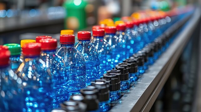 Colorful plastic water bottles arranged in a factory setting, showcasing production line efficiency