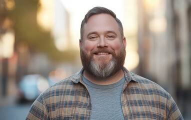 Fototapeta premium Urban Smiles and City Streets: A chubby man with a beard standing confidently on a vibrant city street, dressed in a plaid shirt and gray t-shirt, smiling directly at the camera. 