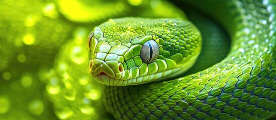 Fototapeta premium Close-up of vibrant green tree python with textured scales and focused eyes