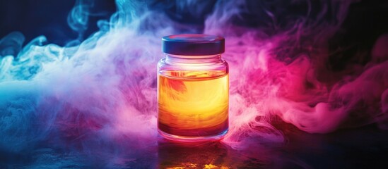 Glowing jar with colorful smoke in dark atmospheric background