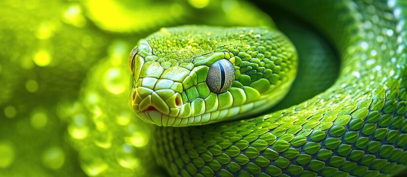 Close-up of vibrant green tree python with textured scales and focused eyes