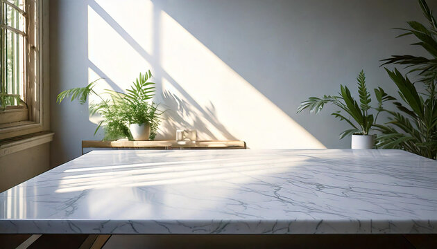 Smooth white ceramic tabletop in a bright sunlit studio, ideal for product presentation, artistic photography, and minimalist design, clean and modern aesthetic with soft natural lighting