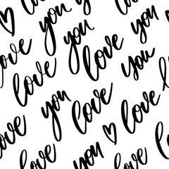 Romantic calligraphy seamless pattern with phrase Love you. Hand drawn cursive lettering phrases.