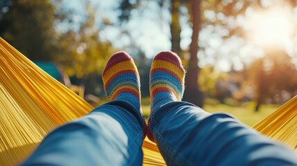 Person Relaxing in Colorful Socks While Lounging in a Hammock Under a Bright Sun in a Peaceful Outdoor Setting