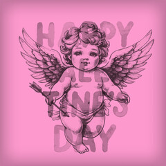 Valentines day card Invitation with hand drawn cupid.