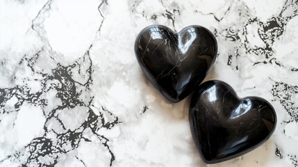 Valentines day background with two black hearts on a marble background
