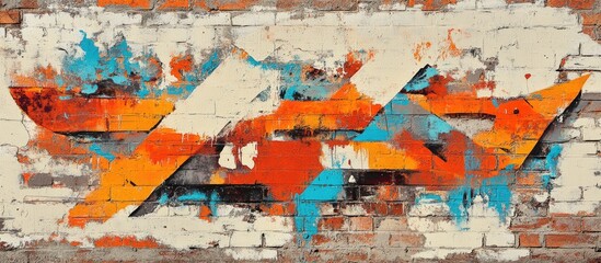 Fototapeta premium Abstract street art graffiti on brick wall with bold geometric shapes in orange, blue, and white tones.