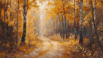 Obraz premium enchanted autumn forest path winding through golden-leaved trees, ethereal morning mist filtering dappled sunlight, impressionistic painting style with visible brushstrokes