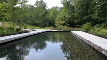 Naklejka premium Tranquil, reflective pool with gently flowing water nestled amid lush greenery offers a serene urban escape.