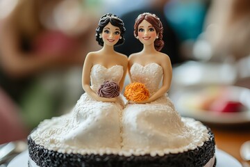 Figurines of two brides are sitting on a wedding cake, holding bouquets and smiling