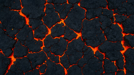 Molten Earth: Glowing, cracked volcanic rock texture, showing the intense heat and raw power of nature.  A close-up view of dark, rugged lava with vibrant orange and red embers glowing from within. 