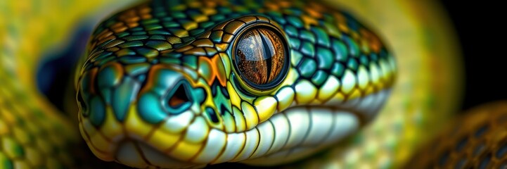 Colorful green python displaying intricate patterns and vibrant scales close up