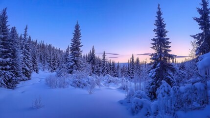 Fototapeta premium enchanted winter forest at dusk with crystalline snow-covered evergreens, magical blue light filtering through branches, sparkling ice formations catching starlight