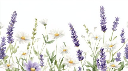 Naklejka premium enchanting wildflower meadow watercolor border design, featuring delicate purple lavender and white daisies dancing along soft green stems