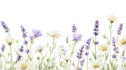 Naklejka premium enchanting wildflower meadow watercolor border design, featuring delicate purple lavender and white daisies dancing along soft green stems