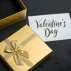 Elegant gold gift box with valentines day card romantic present bow love date heart happy shiny black